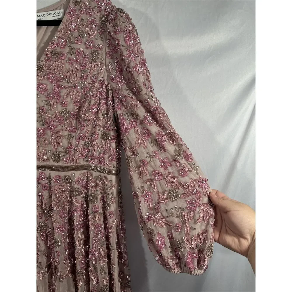 NWT $798 Mac Duggal [ 14 ] Embellished V Neck 3/4 Sleeve A Line Gown Rose #G1761 - Picture 12 of 16